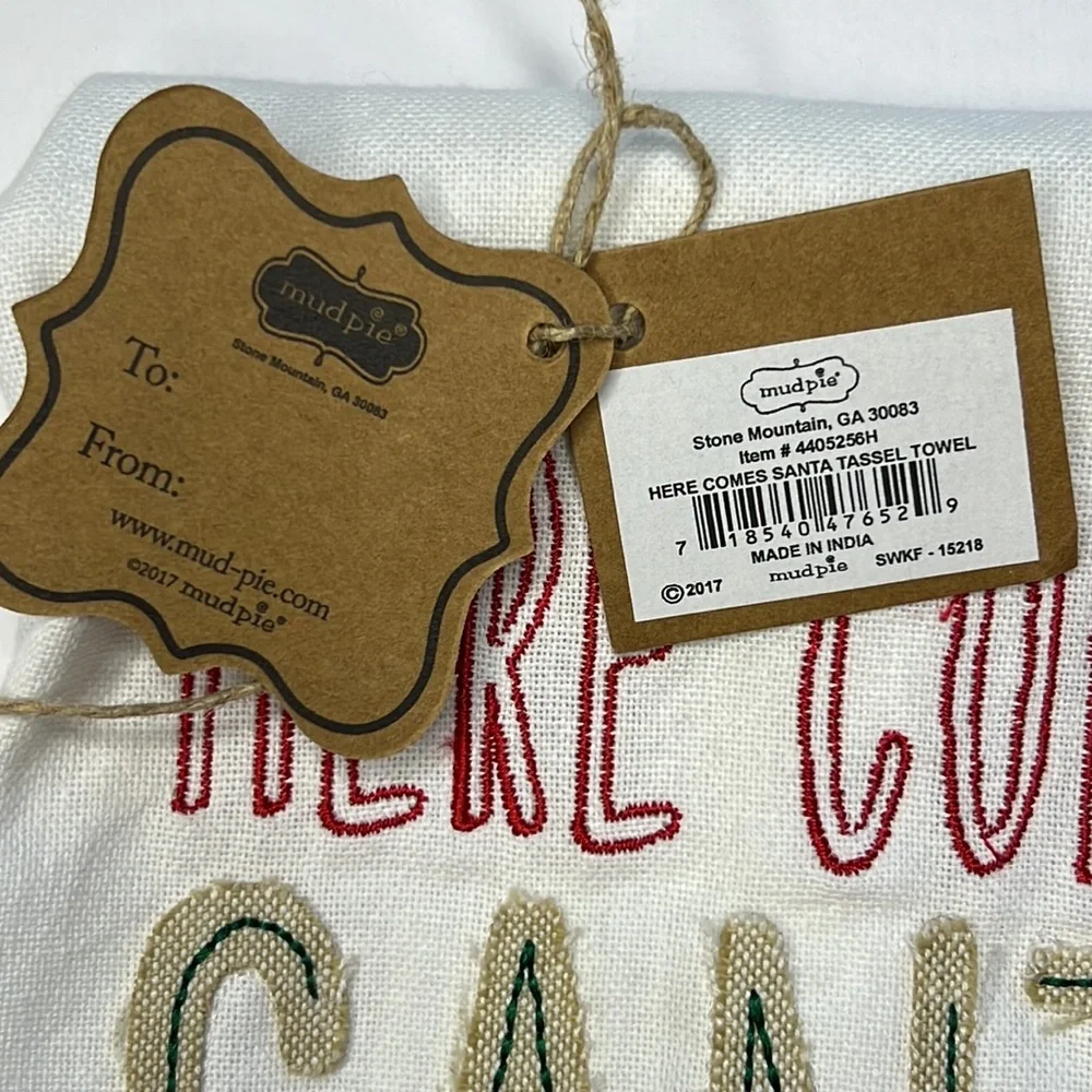 MUDPIE Tassel Towels SET of 2 Santa Merry Christmas Embroidery hostess gift‎ NEW